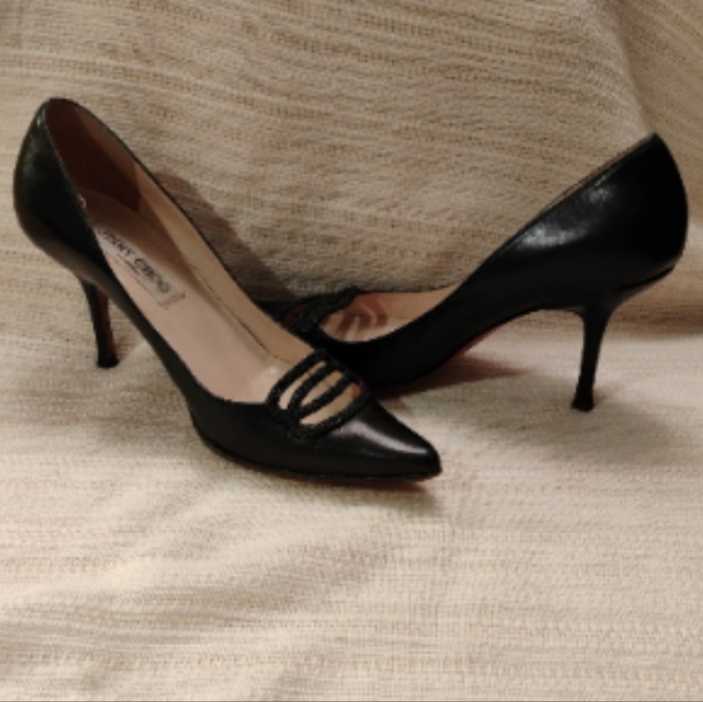 Jimmy Choo Black Pointed Leather Stiletto Pumps with Strappy Detail